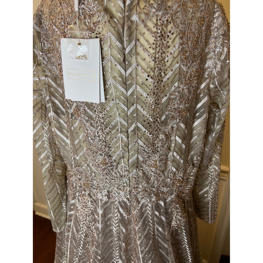 Mac Duggal Chevron Sequin Lace Long Sleeve Gown Taupe Gold Formal A Line size 16 - Picture 15 of 16